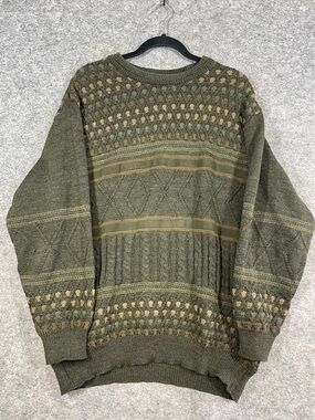Vintage Boneti Olive Green Wool Fair Isle Cable Knit Sweater Large Grandpa Core